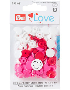 Set van 30 Color Snaps Drukknopen Harten 12,4 mm - Rood, wit en fuchsia