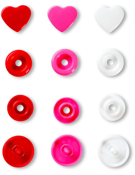 Set van 30 Color Snaps Drukknopen Harten 12,4 mm - Rood, wit en fuchsia