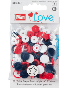Set van 30 Color Snaps drukknoopjes Sterren 12,4 mm - Rood, wit en marineblauw