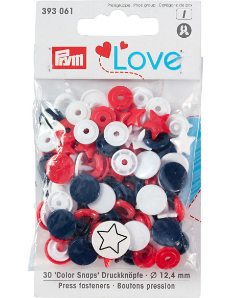Set van 30 Color Snaps drukknoopjes Sterren 12,4 mm - Rood, wit en marineblauw