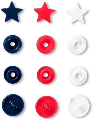 Set van 30 Color Snaps drukknoopjes Sterren 12,4 mm - Rood, wit en marineblauw