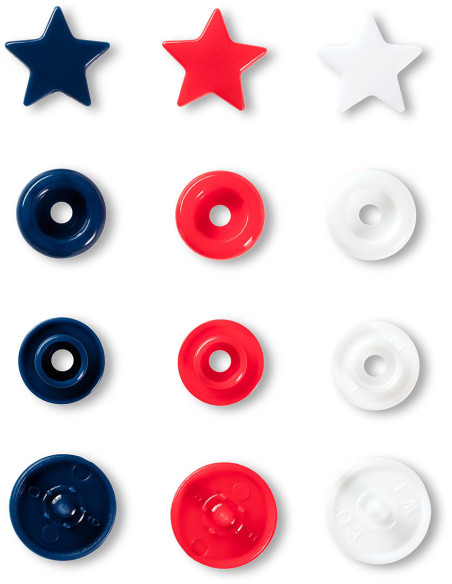 Set van 30 Color Snaps drukknoopjes Sterren 12,4 mm - Rood, wit en marineblauw