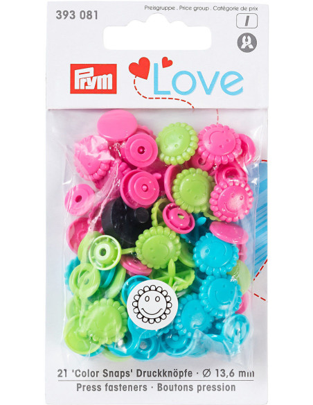 Set van 21 Color Snaps Drukknopen Bloemen 13,6 mm - Turquoise, groen en fuchsia