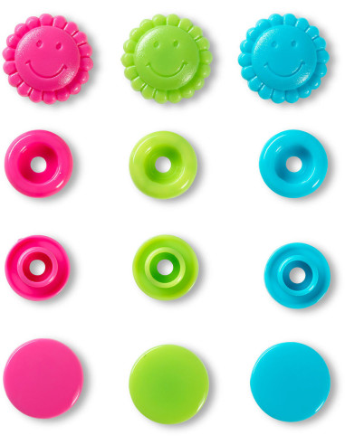 Set van 21 Color Snaps Drukknopen Bloemen 13,6 mm - Turquoise, groen en fuchsia