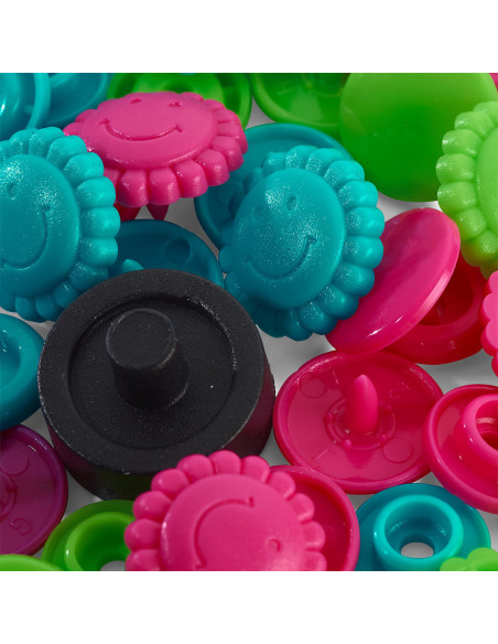Set van 21 Color Snaps Drukknopen Bloemen 13,6 mm - Turquoise, groen en fuchsia