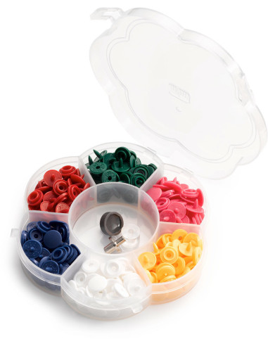 Doos met 72 Color Snaps Mini drukknopen van 9 mm
