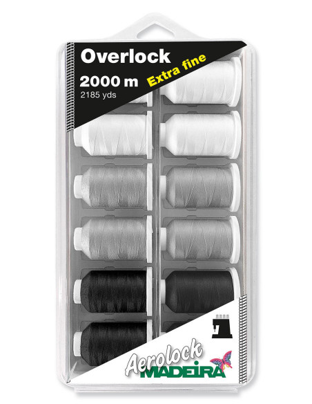 Doos met 12 kegels voor overlockmachine Aerolock nr. 180 Madeira - Zwart en wit