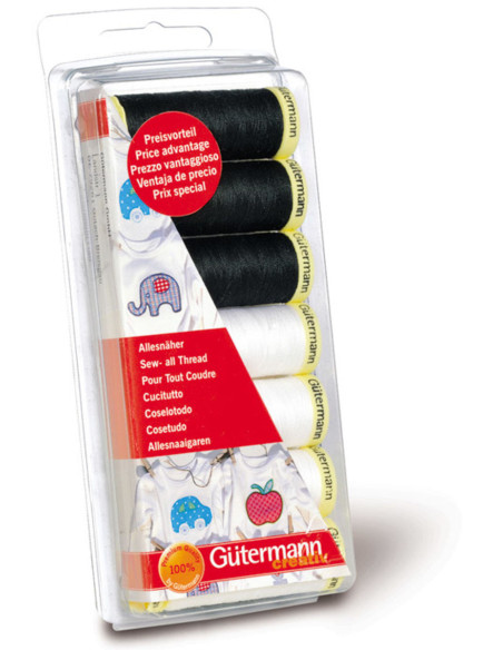 Set van 7 zwarte en witte naaigaren Gütermann