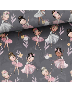 Premium katoenen stof - Kleine ballerina's op grijze achtergrond