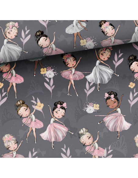 Premium katoenen stof - Kleine ballerina's op grijze achtergrond