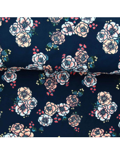 Lycra badpakstof - Bloemen op marineblauwe achtergrond