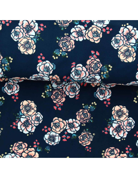 Lycra badpakstof - Bloemen op marineblauwe achtergrond