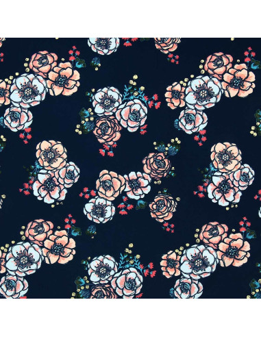 Lycra badpakstof - Bloemen op marineblauwe achtergrond