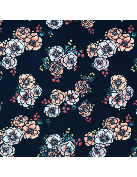 Lycra badpakstof - Bloemen op marineblauwe achtergrond