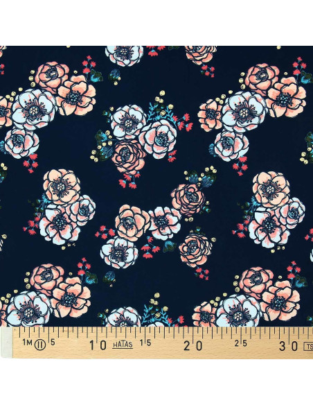Lycra badpakstof - Bloemen op marineblauwe achtergrond