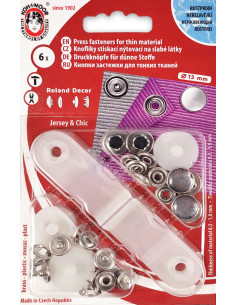 Doos met 6 parelmoer zwarte jersey drukknoopjes met gereedschap 13 mm