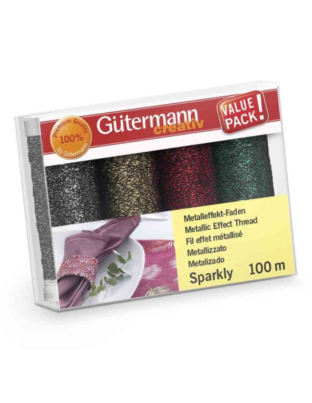 Set van 4 Gütermann Sparkly naaigaren - Zilver, goud, rood en groen