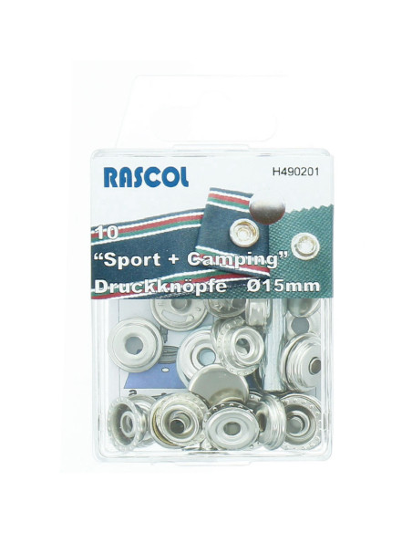 Doos met 10 sport- en kampeerdrukknopen Rascol - 15 mm zilver