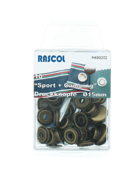 Doos met 10 sport- en kampeerdrukknopen Rascol - 15 mm brons