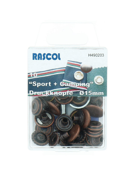 Doos met 10 sport- en kampeerdrukknoopjes Rascol - 15 mm koper