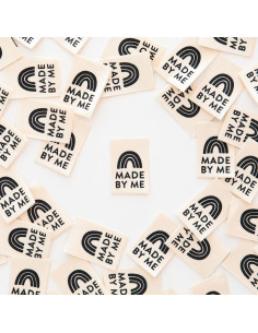 Set van 8 geweven labels - Made By Me zwarte regenboog