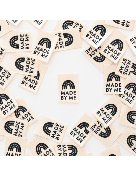 Set van 8 geweven labels - Made By Me zwarte regenboog
