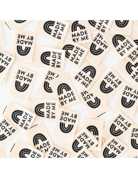 Set van 8 geweven labels - Made By Me zwarte regenboog