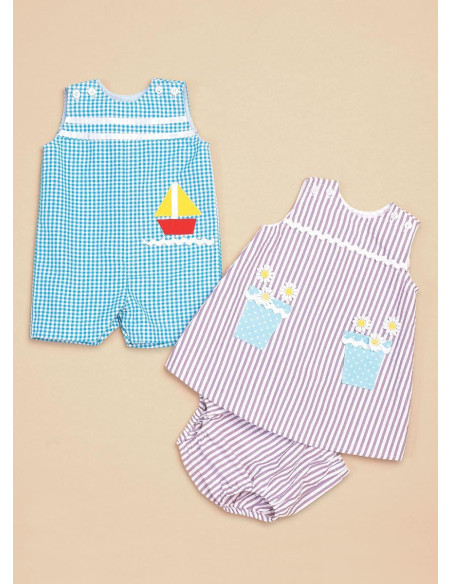 Patroon voor tuinbroek, jurk en broekje voor baby's - Butterick 6905
