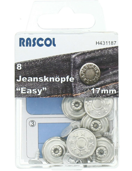 Doos met 8 jeansknopen 17mm Rascol - Glanzend zilver sterren