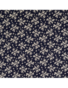 Vintage katoenen stof - Marineblauwe achtergrond met kleine ecru bloemen
