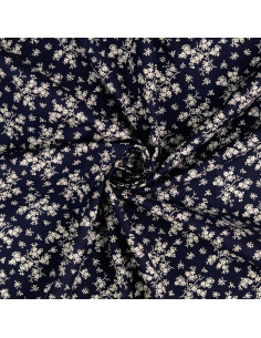 Vintage katoenen stof - Marineblauwe achtergrond met kleine ecru bloemen 2