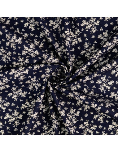 Vintage katoenen stof - Marineblauwe achtergrond met kleine ecru bloemen