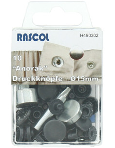 Doos met 10 anorak-drukknopen Rascol - 15 mm zwart