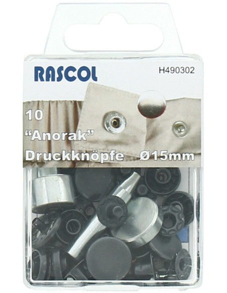 Doos met 10 anorak-drukknopen Rascol - 15 mm zwart