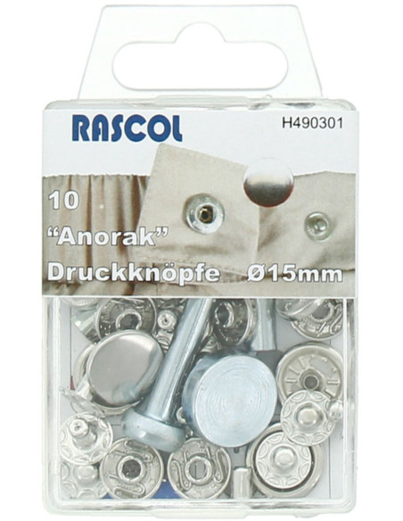 Doos met 10 anorak-drukknopen Rascol - 15 mm zilver