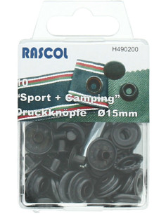 Doos met 10 sport- en kampeerdrukknopen Rascol - 15 mm zwart