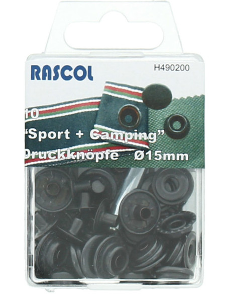 Doos met 10 sport- en kampeerdrukknopen Rascol - 15 mm zwart