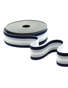 Fantasie elastiek lurex gestreept marineblauw, wit en zilver 40 mm