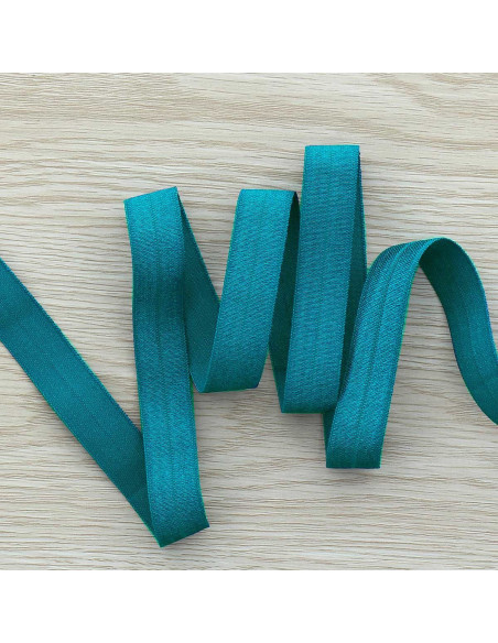 Voorgevouwen satijnen elastische biaisband 15 mm breed - Petrolblauw