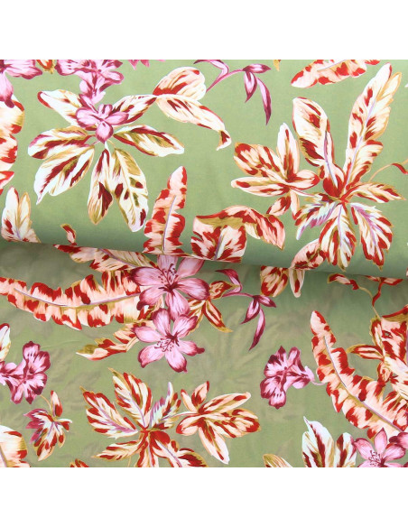 Lycra badpakstof - Bloemen op groene achtergrond