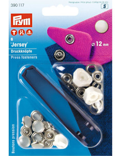 Doos met 6 parelmoeren jersey drukknoopjes met gereedschap 12 mm