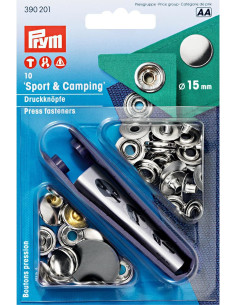 Doos met 10 sport camping drukknopen van nikkel met gereedschap 15 mm