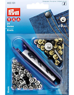 Doos met 24 rivetten van 9 mm met gereedschap - Zilver en Zwart