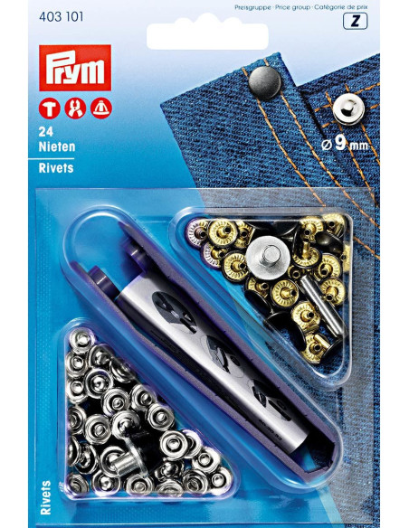 Doos met 24 rivetten van 9 mm met gereedschap - Zilver en Zwart