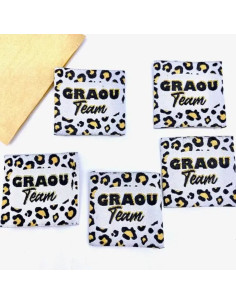 Set van 5 geweven labels om op te naaien Graou Team lurex 2
