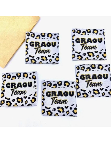 Set van 5 geweven labels om op te naaien Graou Team lurex