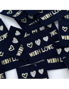 Set van 5 geweven labels om op te naaien With Love lurex