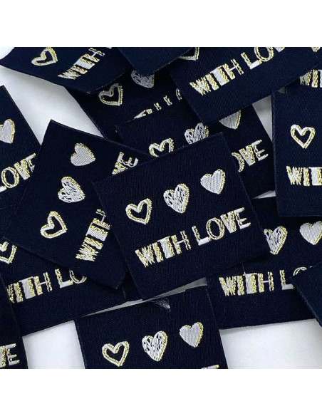 Set van 5 geweven labels om op te naaien With Love lurex