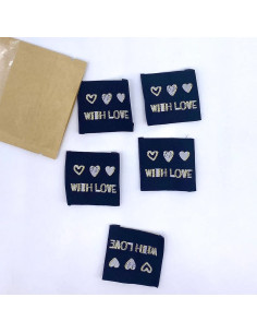 Set van 5 geweven labels om op te naaien With Love lurex 2
