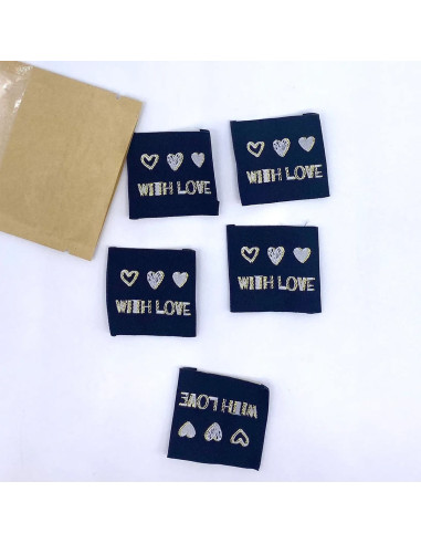 Set van 5 geweven labels om op te naaien With Love lurex